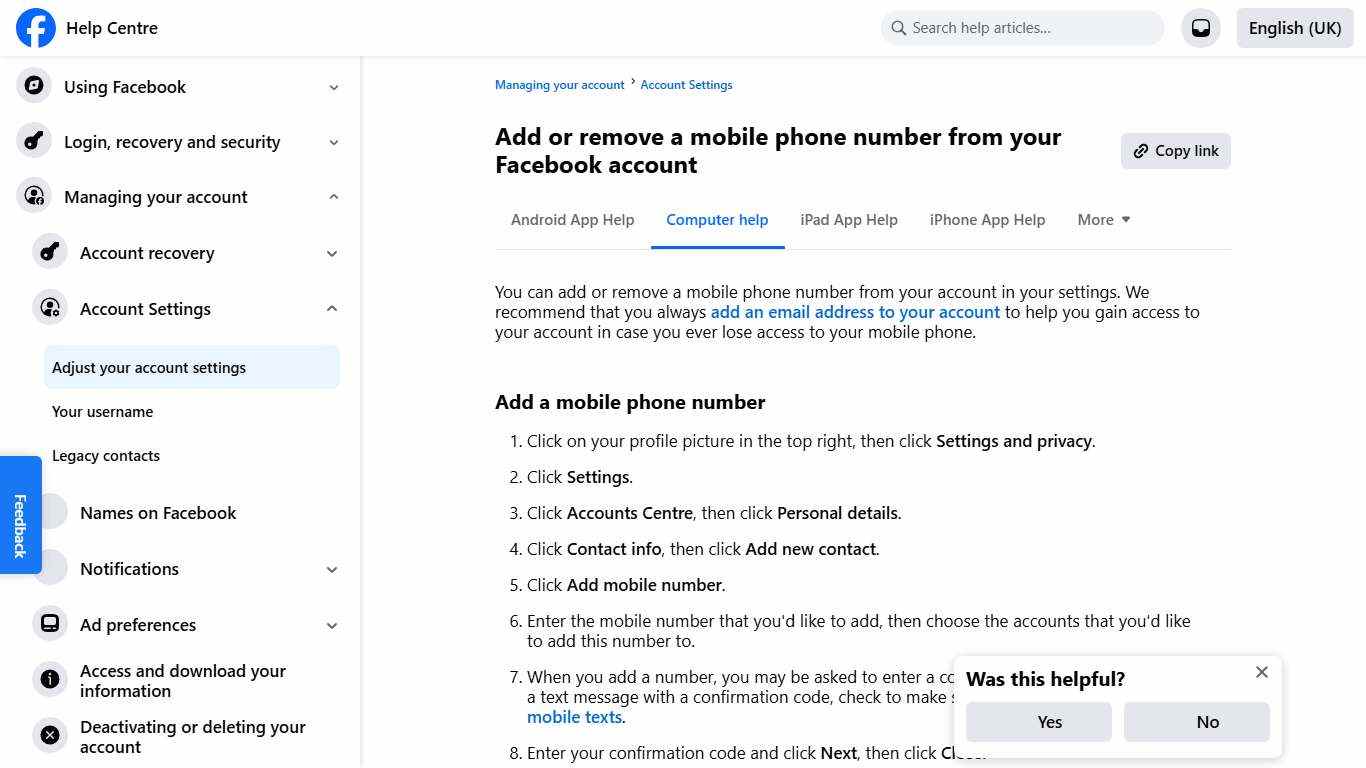 Add or remove a mobile phone number from your Facebook account Facebook Help Centre